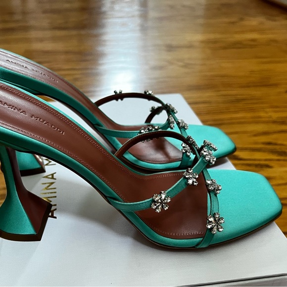 Amina Muaddi Green Crystals Lily heeled sandals in size 39.5 - Picture 5 of 10